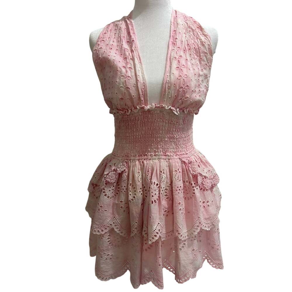 LoveShackFancy Deanna Pink Tie Dye Eyelet Halter Mini Dress M